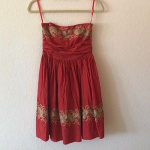 Orange embroidered strapless Anthropologie dress